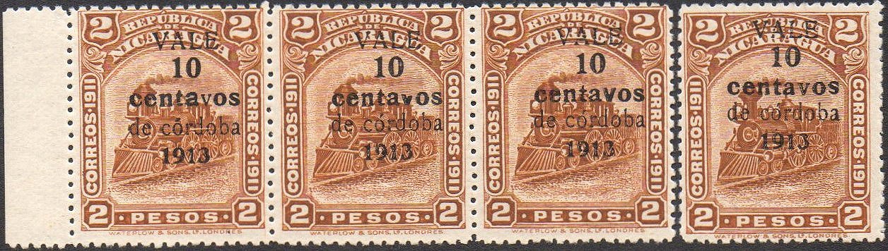 Nicaragua stamps 1913 surcharges Locomotive 10c / 2 Pesos normal and 'v' varieties 